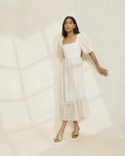 Loeffler Randall Addison Cream Stripe Puff-Sleeve Dress