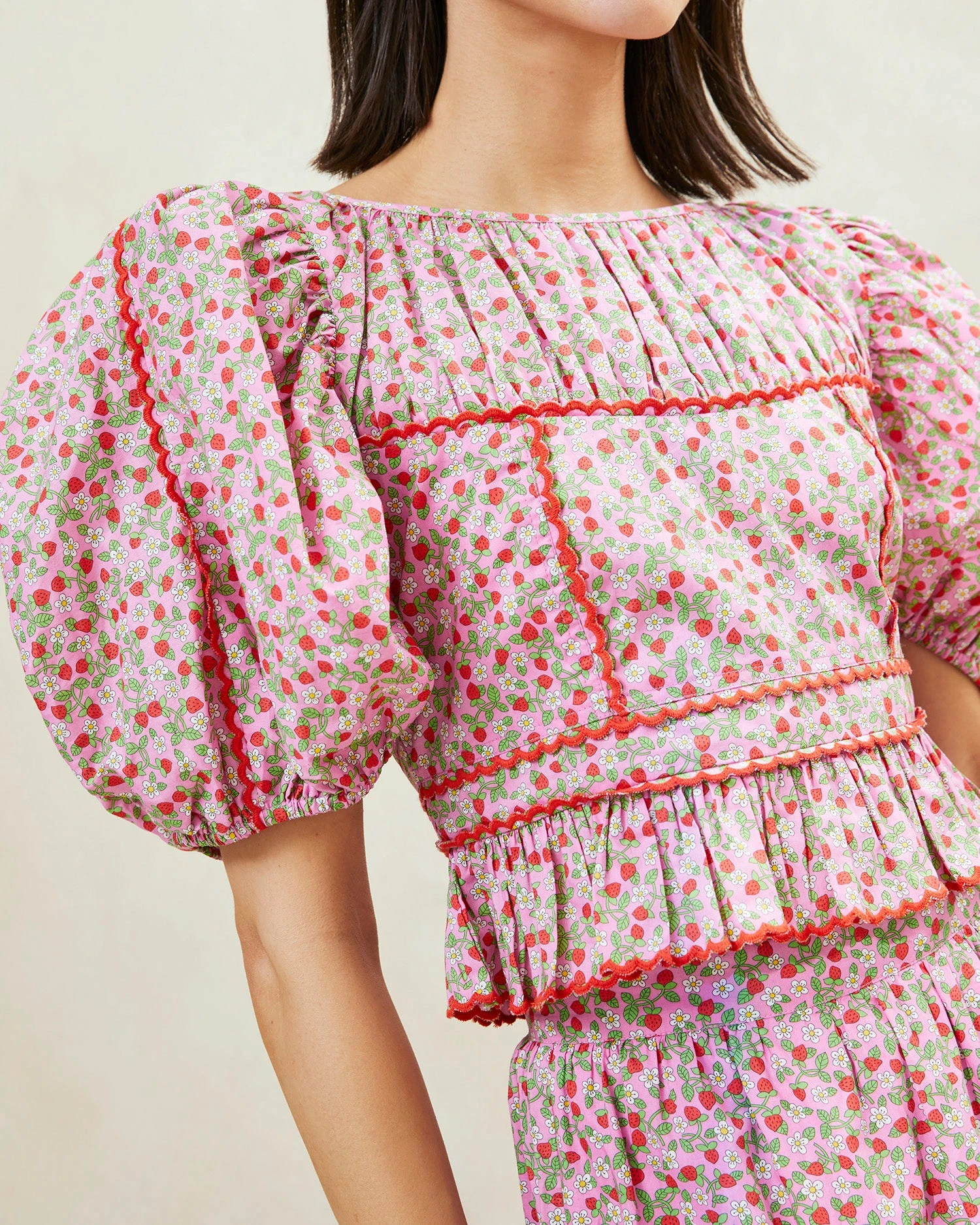 Loeffler Randall Anna Strawberry Puff-Sleeve Peplum Top 3 Loeffler Randall Anna Strawberry Puff-Sleeve Peplum Top