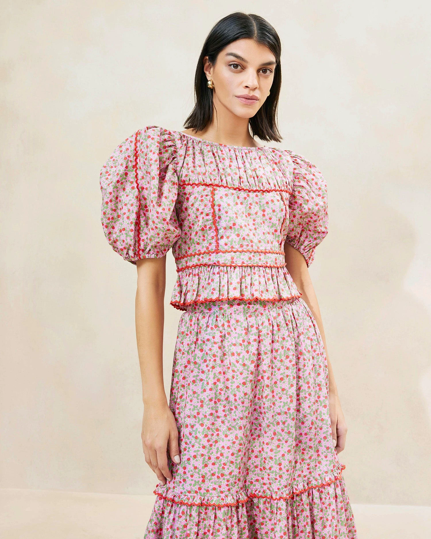 Loeffler Randall Anna Strawberry Puff-Sleeve Peplum Top 4 Loeffler Randall Anna Strawberry Puff-Sleeve Peplum Top - Image 2