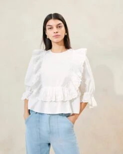 Loeffler Randall Cosima White Heart Embroidery Blouse