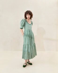 Loeffler Randall Gillian Plaid Puff-Sleeve Tiered Dress