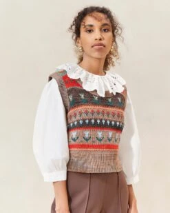 Loeffler Randall Heather Brown Floral Intarsia Vest