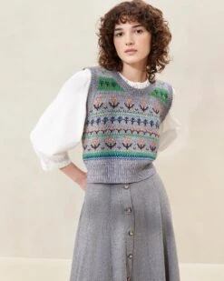 Loeffler Randall Heather Grey Floral Intarsia Vest