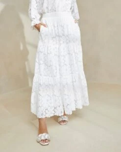 Loeffler Randall Luna Cream Lace Tiered Skirt