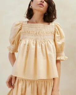 Loeffler Randall Lydie Sand Ecru Smocked Top