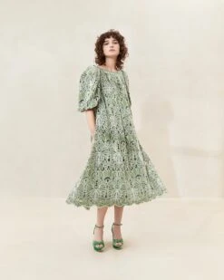 Loeffler Randall Mimi Green Oversized Puff-Sleeve Dress