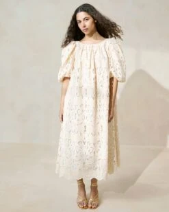 Loeffler Randall Mimi Tan Oversized Puff-Sleeve Dress