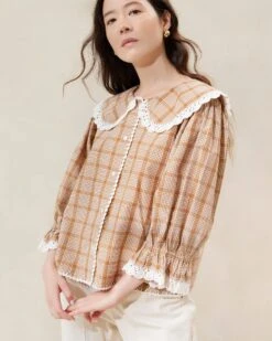 Loeffler Randall Tamar Tan/Plaid Crochet-Collar Blouse