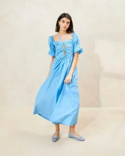 Loeffler Randall Yael Cornflower Gathered-Bodice Dress